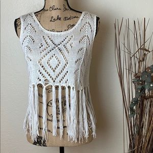 Womens Haute Society Fringe Sleeveless  Boho White crochet top